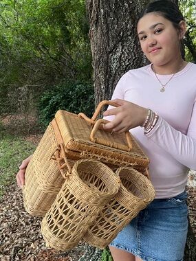 Vintage Mid Century Rattan Picnic Basket Wine Carrier French Style Basket